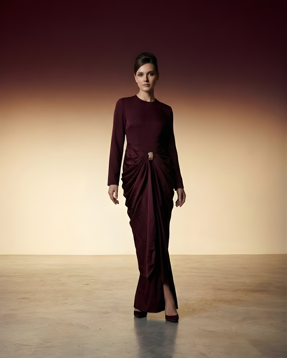 Burgundy Draped Evening Gown