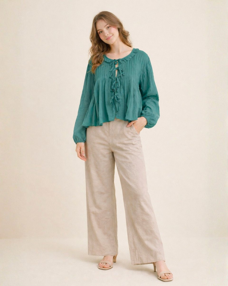 Emerald Breeze Pleated Boho Top
