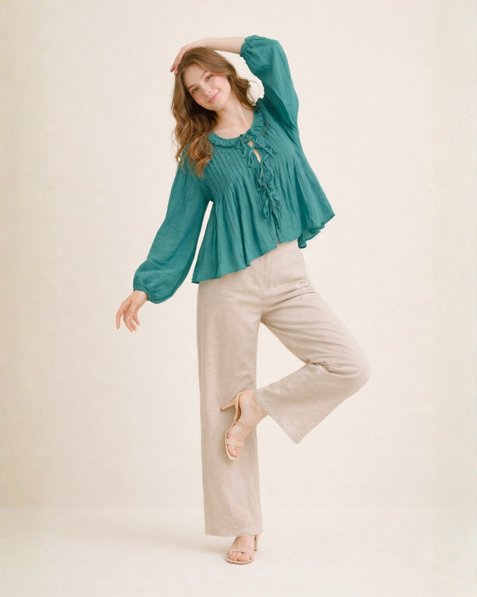 Emerald Breeze Pleated Boho Top