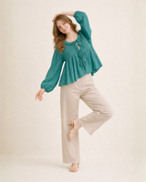 Emerald Breeze Pleated Boho Top