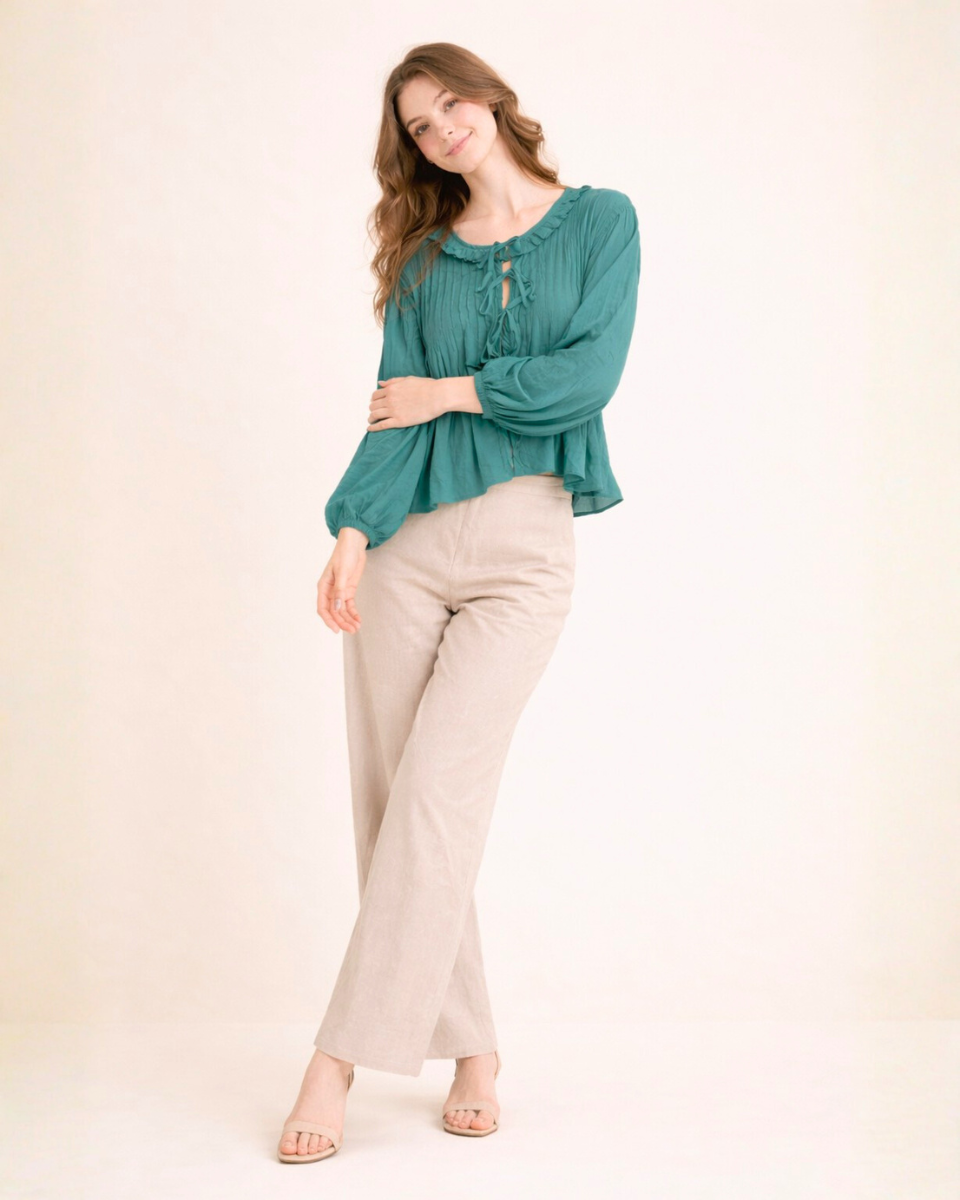 Emerald Breeze Pleated Boho Top