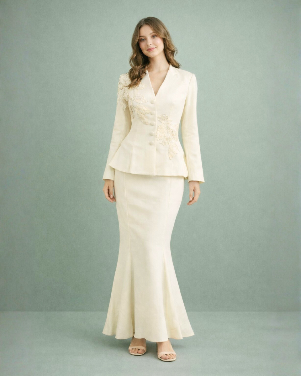 Ivory Elegance Embroidered Blazer Skirt Set