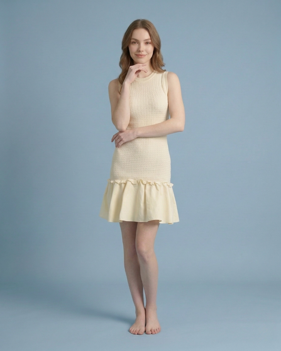 Ivory Textured Knit Ruffle Hem Dress