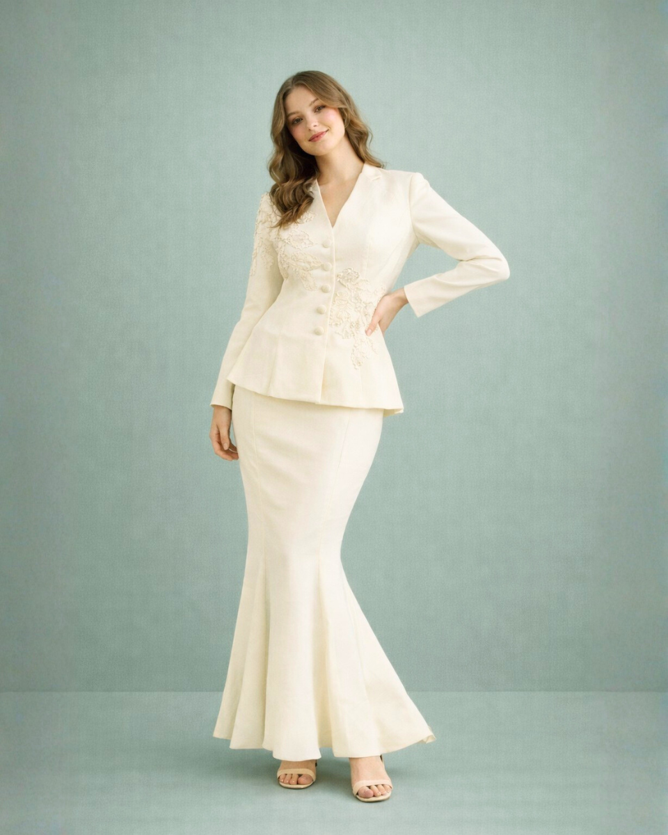 Ivory Elegance Embroidered Blazer Skirt Set