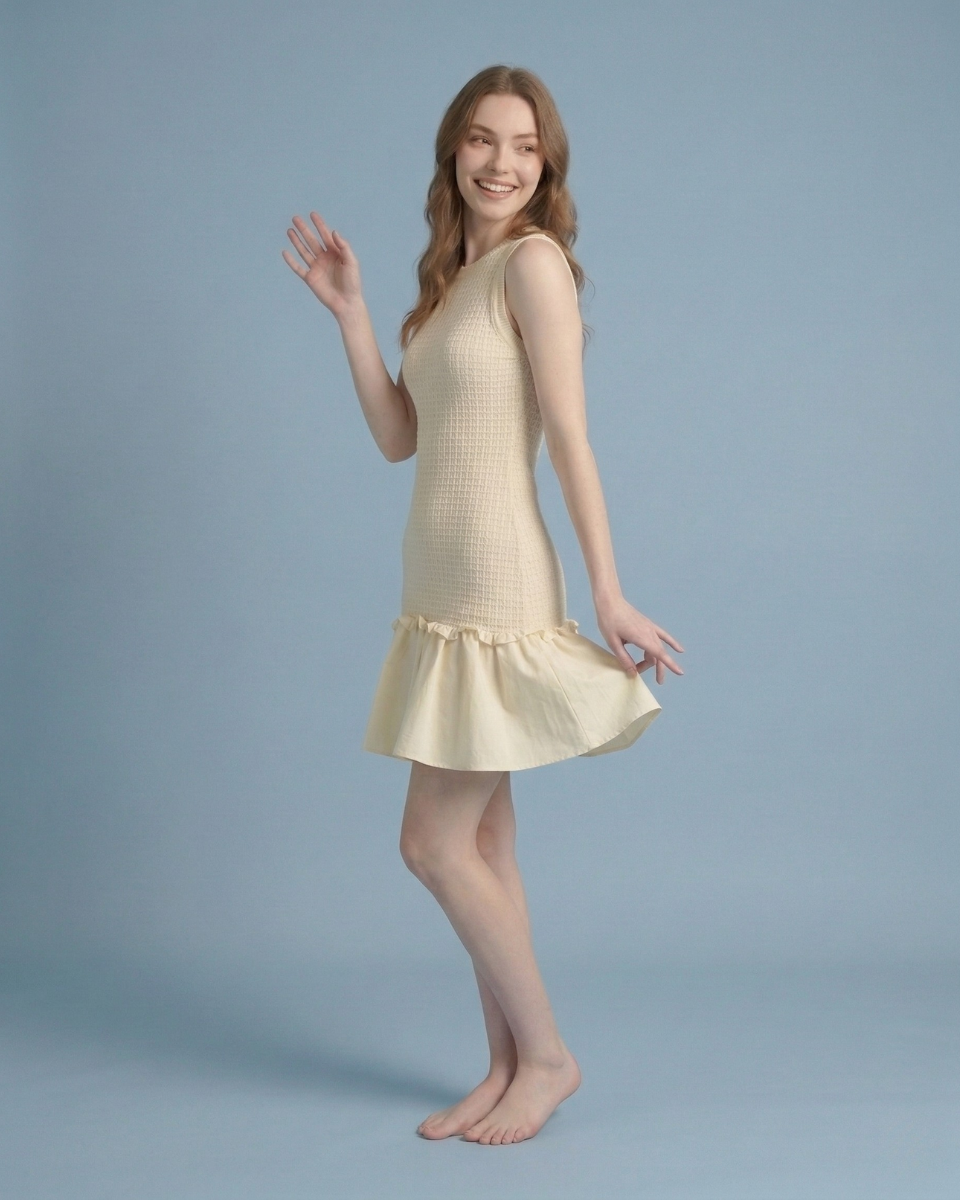 Ivory Textured Knit Ruffle Hem Dress