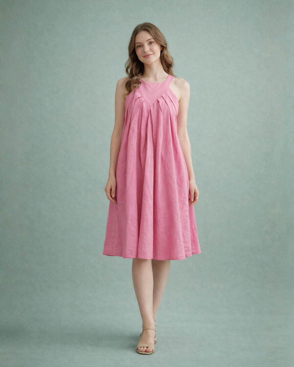 Blush Pink Pleated Cotton Midi Dress