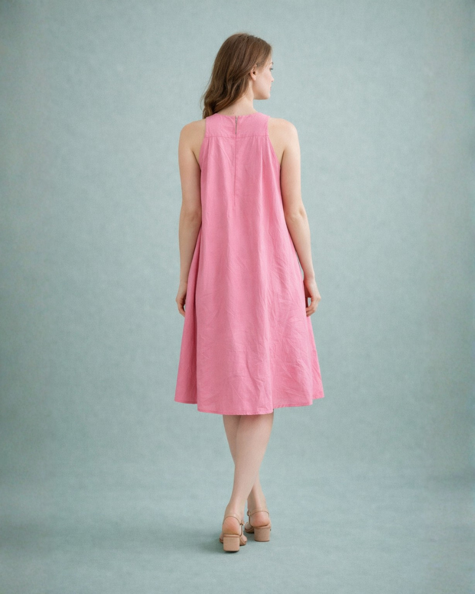 Blush Pink Pleated Cotton Midi Dress