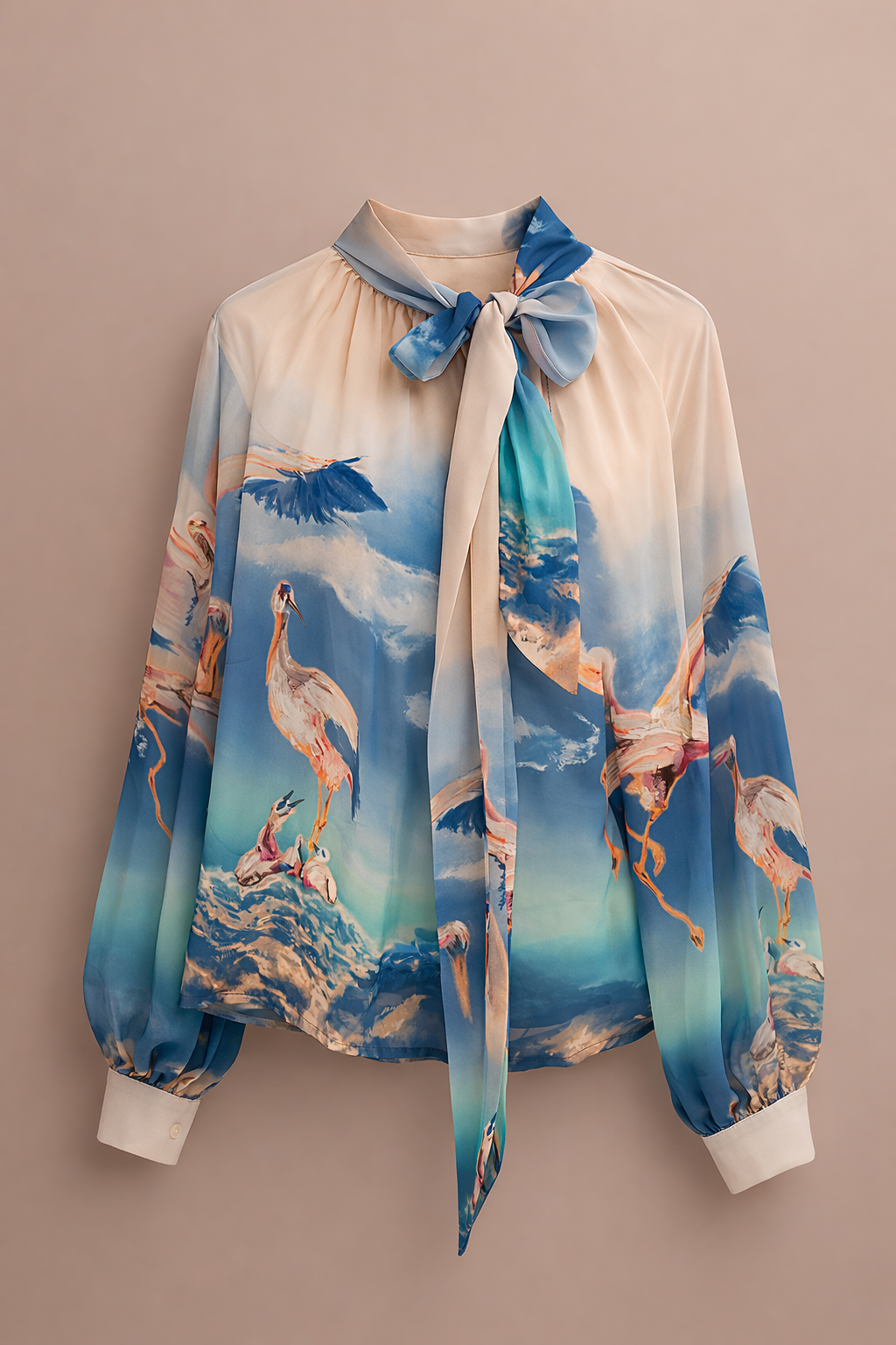 Crane Print Bow-Tie Shirt top