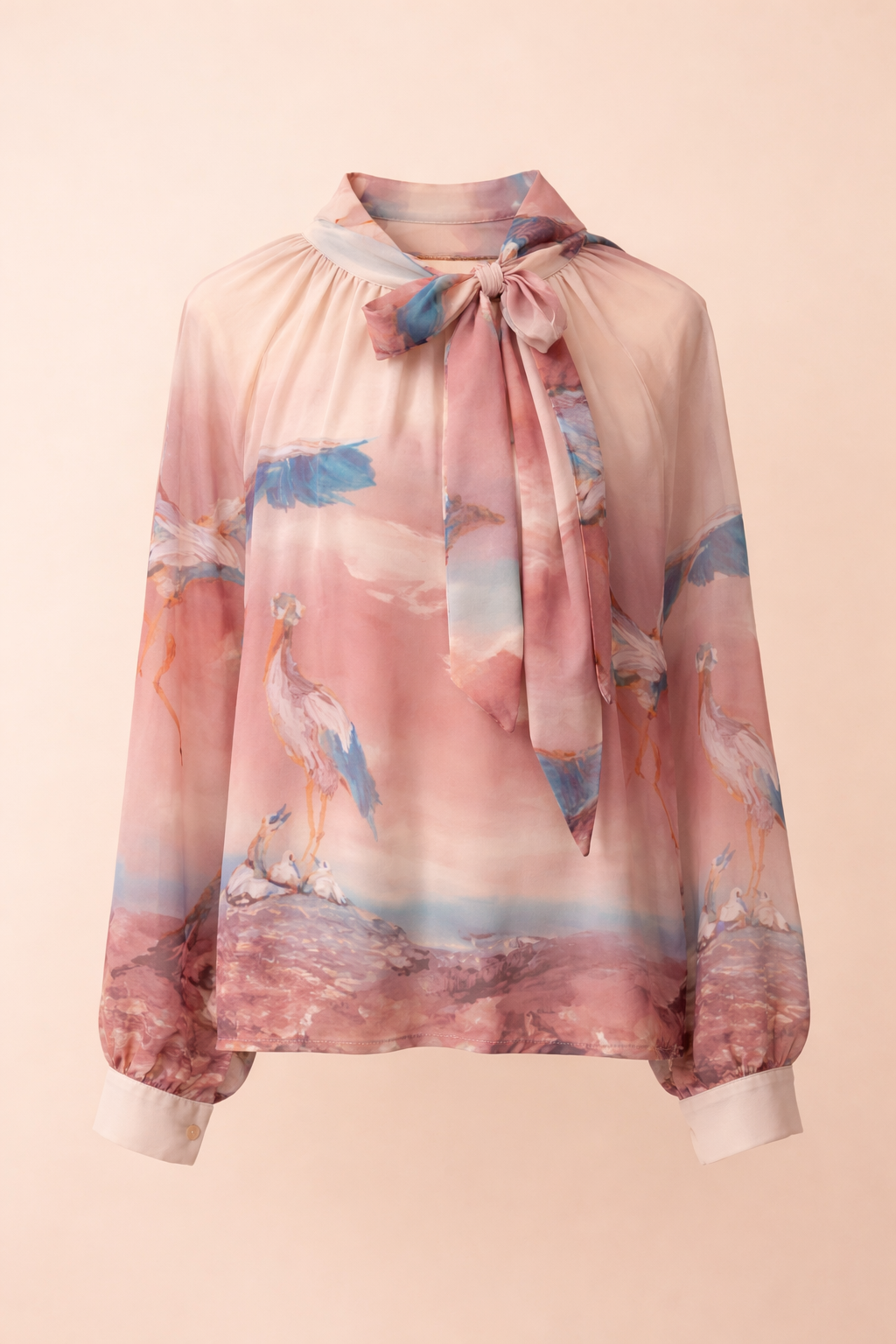 Sunset Crane Print Bow-Tie Blouse