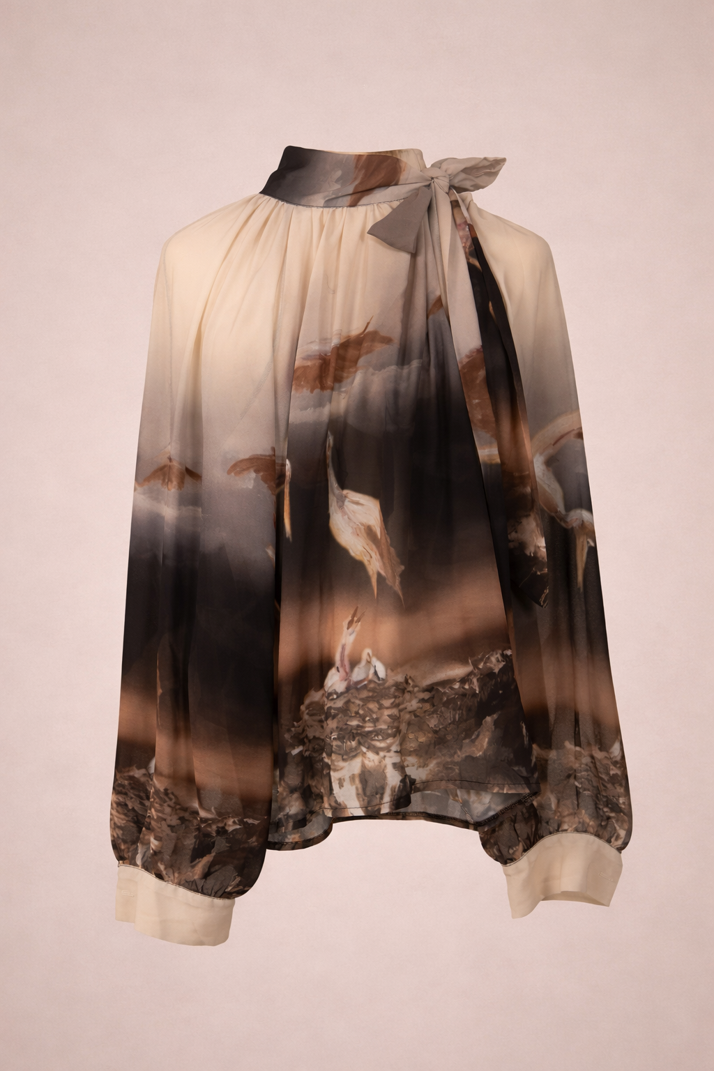 Midnight Crane Print Bow-Tie Blouse