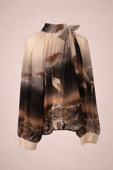 Midnight Crane Print Bow-Tie Blouse
