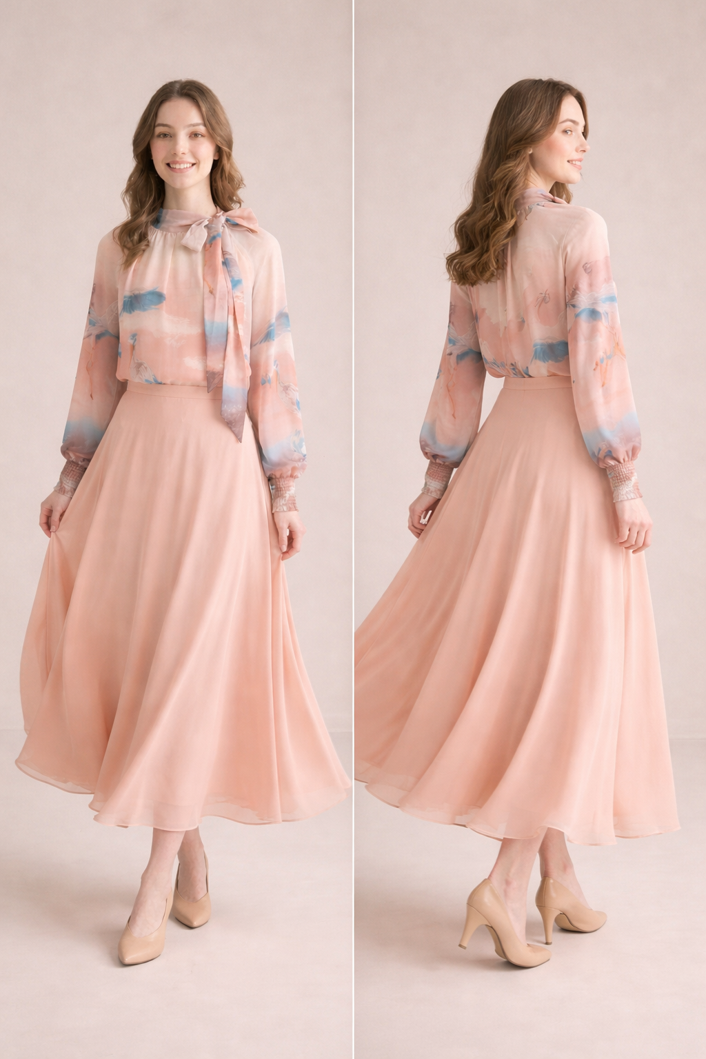 Sunset Crane Print Bow-Tie Blouse