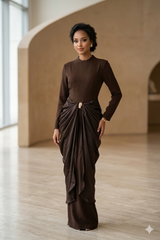 Cocoa Noir: Sculptural Draped Evening Gown