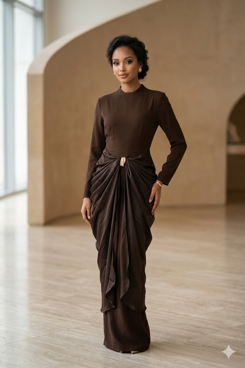 Cocoa Noir: Sculptural Draped Evening Gown