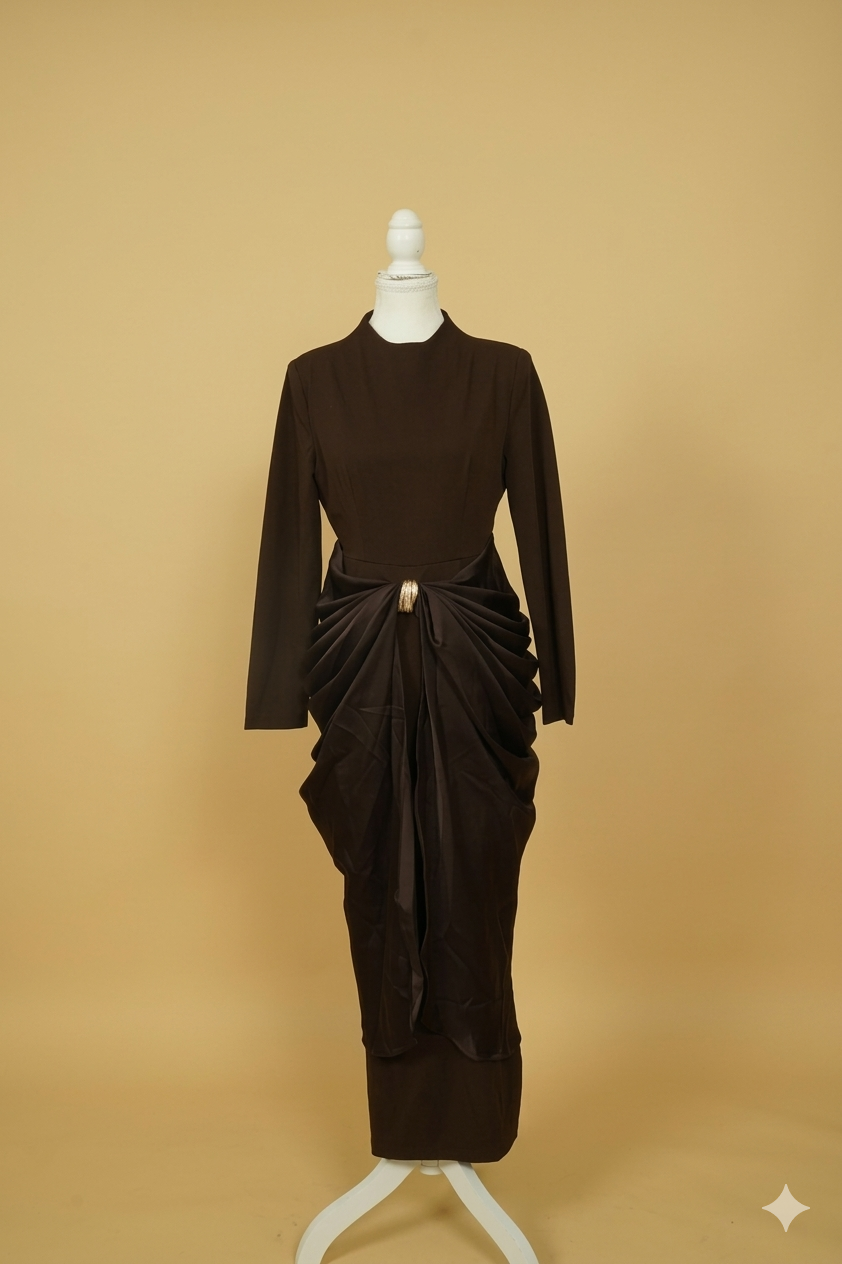 Cocoa Noir: Sculptural Draped Evening Gown