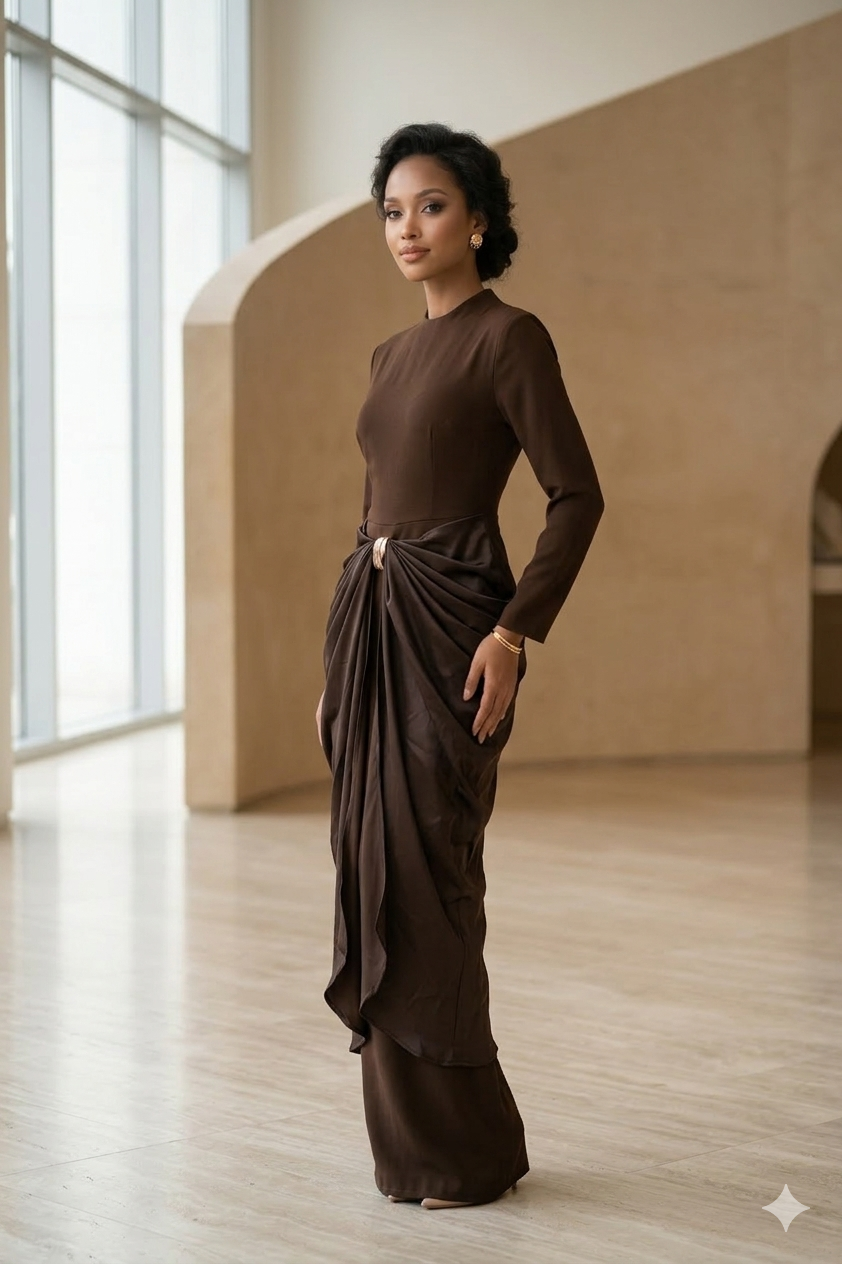 Cocoa Noir: Sculptural Draped Evening Gown