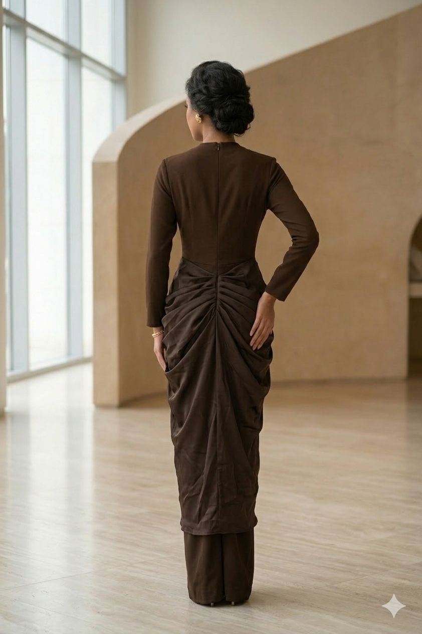 Cocoa Noir: Sculptural Draped Evening Gown