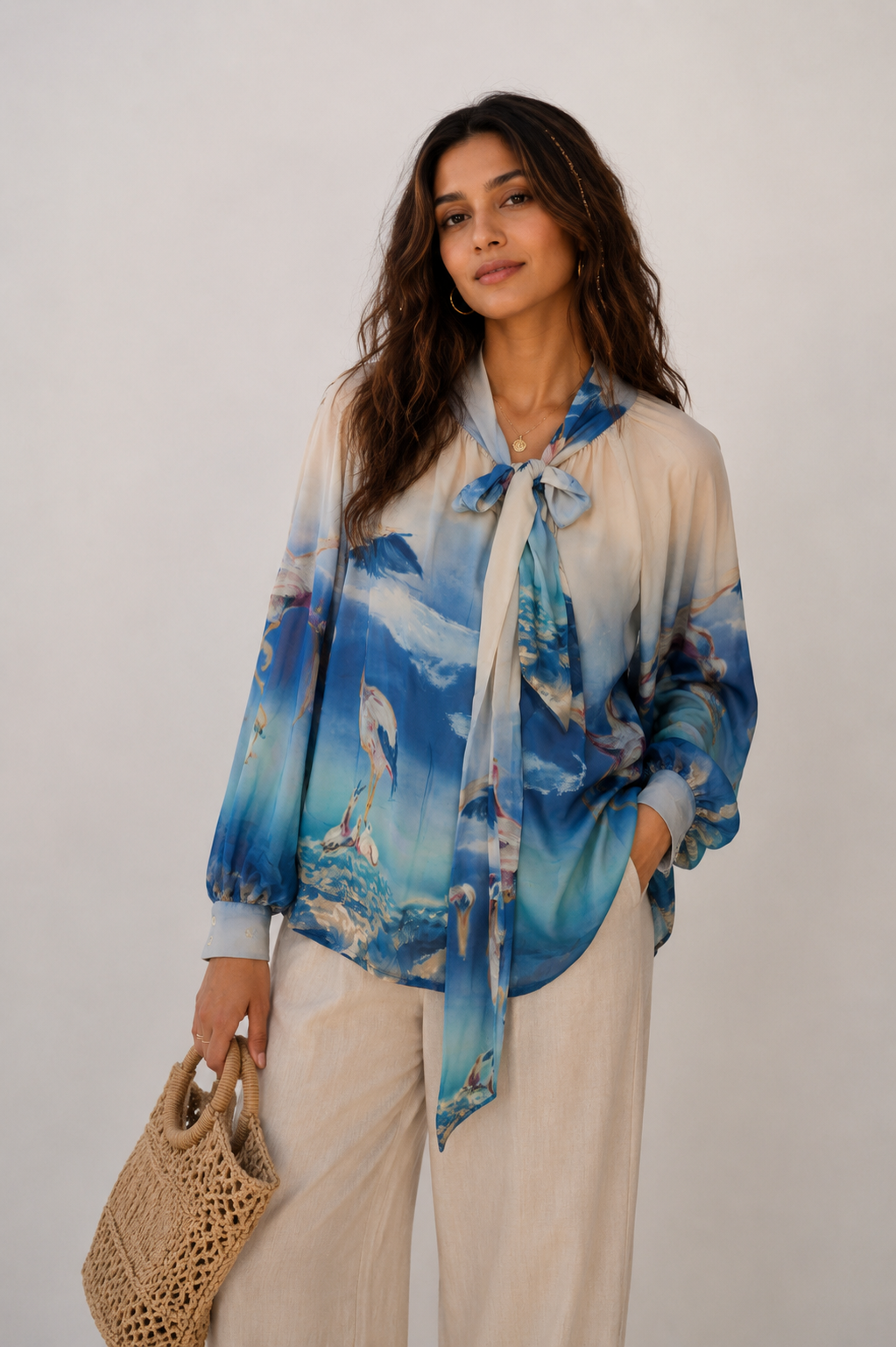 Crane Print Bow-Tie Shirt top