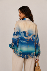 Crane Print Bow-Tie Shirt top