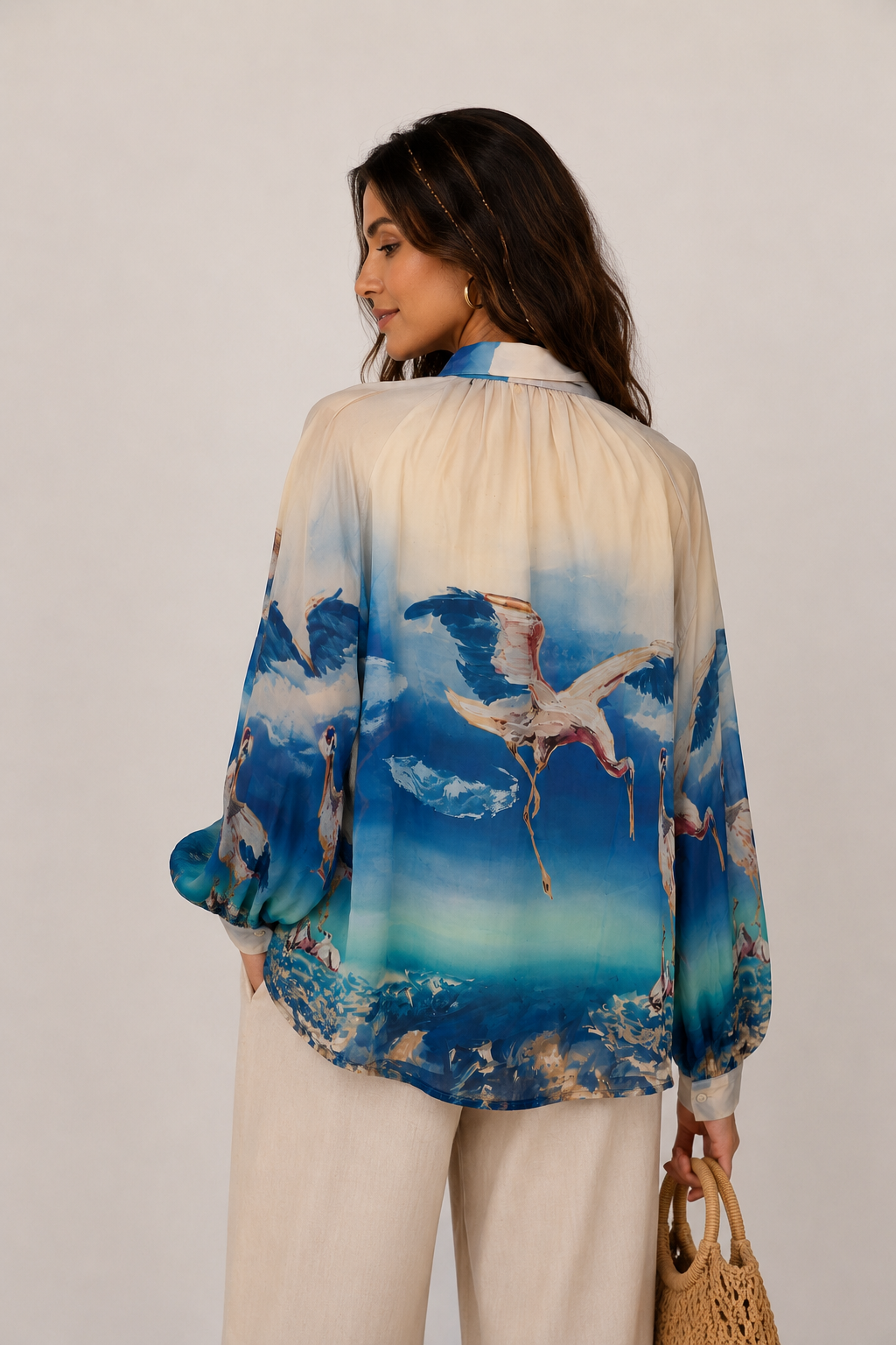 Crane Print Bow-Tie Shirt top