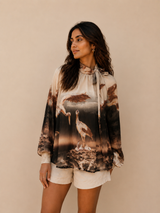 Midnight Crane Print Bow-Tie Blouse