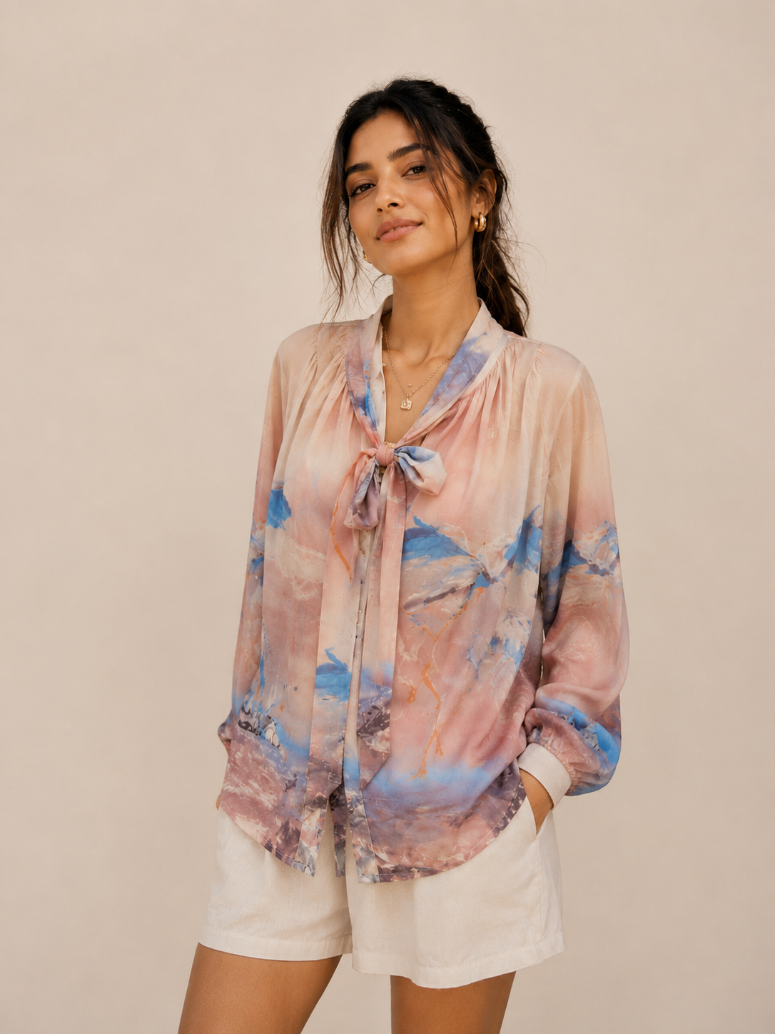 Sunset Crane Print Bow-Tie Blouse