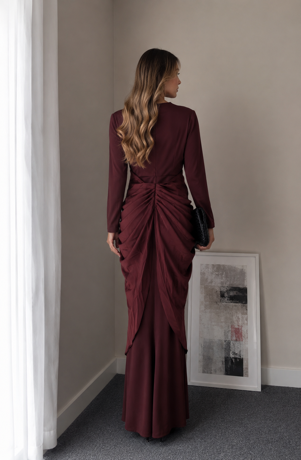 Burgundy Draped Evening Gown