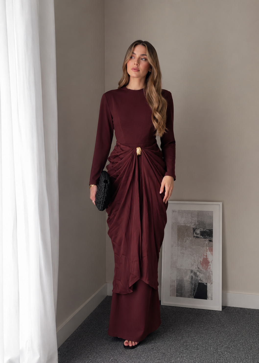 Burgundy Draped Evening Gown